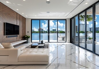 a photo of the interior design of modern living room with white marble floor, wood wall and glass doors leading to outdoor patio overlooking water in Miami Beach