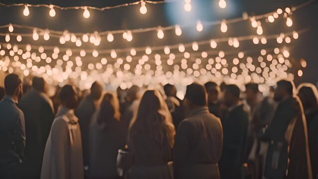 Group of People Standing Under String Lights at Party Generative AI