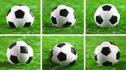 Naklejka premium Six soccer balls are placed in various positions on the grass field, showcasing different angles and perspectives