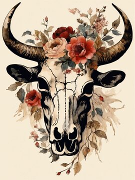recommend clip art: Vintage Boho Bull Skull Flowers Painting Generative AI Illustration