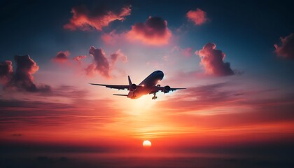 Fototapeta premium Plane in a sunrise sky. Travel background