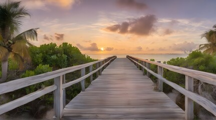 Panorama view of footbridge to the Smathers beach at sunrise - Key West, Florida. generative.ai
