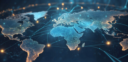 Abstract world map, concept of global network and connectivity, international data transfer and cyber technology, worldwide business, information exchange and telecommunication 