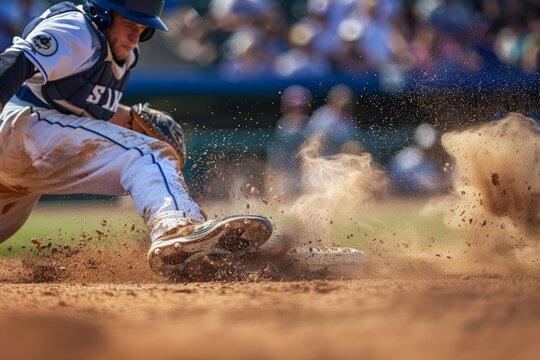 Intense Baseball Game Moment: Player Sliding into Second Base