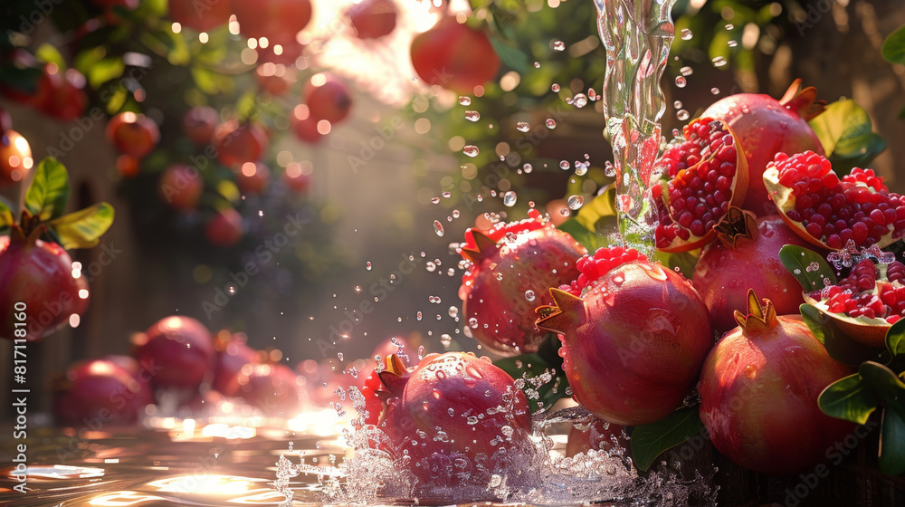 Canvas Prints Ripe pomegranates hanging off trees in a vibrant garden, being refreshed as water splashes onto them. The red fruits glisten in the sunlight as the water droplets cascade down their smooth skin