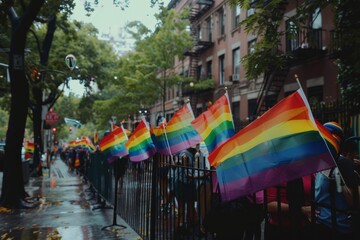 A row of rainbow flags waving in the wind along an urban street, with trees and buildings on either side Generative AI
