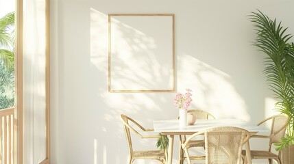 Frame mockup, dining room with rattan chairs and table, framed wall poster, 3D render