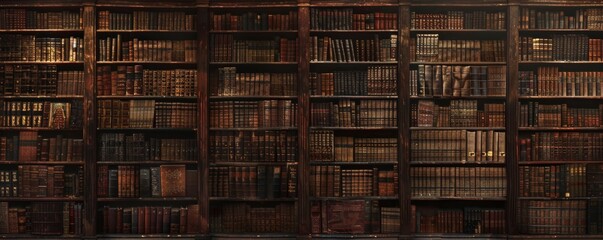 A wall of shelves filled with old, leatherbound books in an ancient library setting.