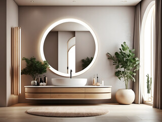 Modern bathroom with LED lighting, round mirror, and wooden elements. Refined style and design. 3D rendering design.