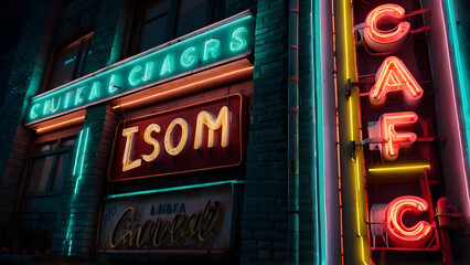 Neon Signs Lighting Up a Vintage Cafe Facade