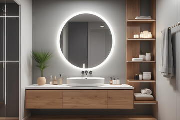 Modern bathroom with LED lighting, round mirror, and wooden elements. Refined style and design. 3D rendering design.