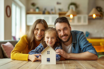 Smiling family, mother, father a young daughter, showcasing a handmade paper house model, symbolizing concepts of real estate, mortgage, home investment, and family bonding in a cozy indoor setting