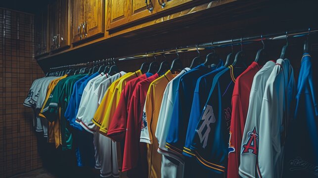 Colorful Collection of Baseball Jerseys in Locker Room Bench for Sports Apparel Advertising