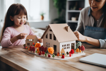Mother and daughter crafting paper house models together