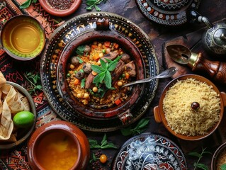 Top view of a traditional Moroccan meal including couscous, tagine, and mint tea, using the rule of thirds, with ample copy space