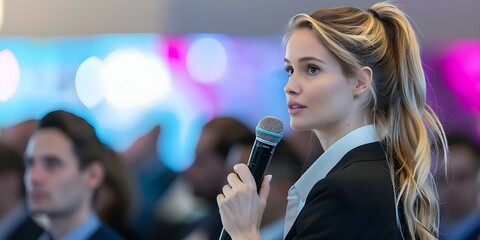 Blonde female speaker with ponytail addressing conference audience holding microphone. Concept Conference Speaker, Female Presenter, Blond Hair, Ponytail, Microphone, Audience Addressing