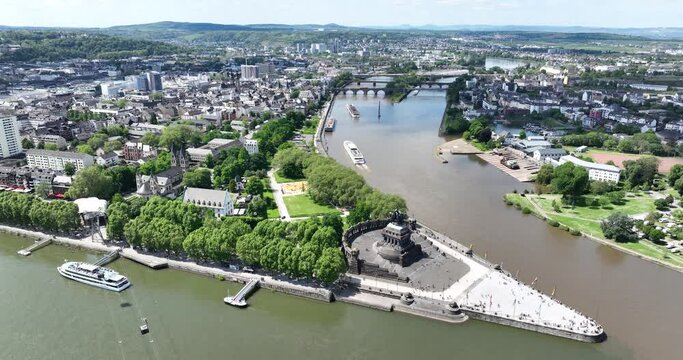 Aerial drone view on deutsches eck, where the moselle and rhine river meet at Koblenz, Germany.