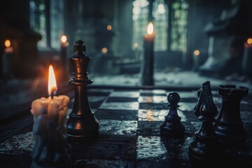 Candlelit Chess Set in an Ancient Royal Palace - A Moody, Atmospheric Capture