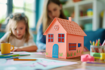 Mother and daughter focused on crafting a colorful paper house