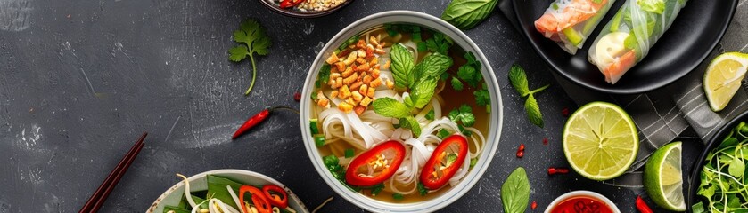 Top view of a vibrant Vietnamese meal including pho, spring rolls, and fresh herbs, using the rule of thirds, with ample copy space