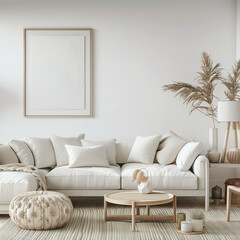 Mock up of white minamilist bright living room to hang art work, 
wooden frame, mockup photo for a horizontal poster print, mpty black frame , living room, beige colors
