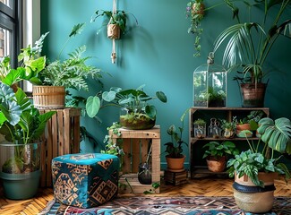 A teal wall in the background, plants on wooden cubes and a velvet stool with patterns,
