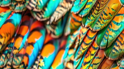   A bird's vibrant feathers are showcased in this close-up photo Orange, yellow, and blue hues adorn the bird's body, making for a stunning