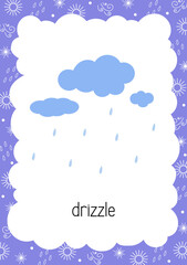 Weather flash card Rain Drizzle topical vocabulary learning printable, educational English kids worksheet, nursery, kindergarten, pre-school, leisure activity, teacher resources vector illustration