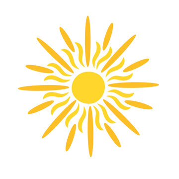 recommend clip art: Simple yellow sun vector flat illustration with round shape middle and beams, cute summer image for making cards, decor, vacation concept, holiday and summertime design for children