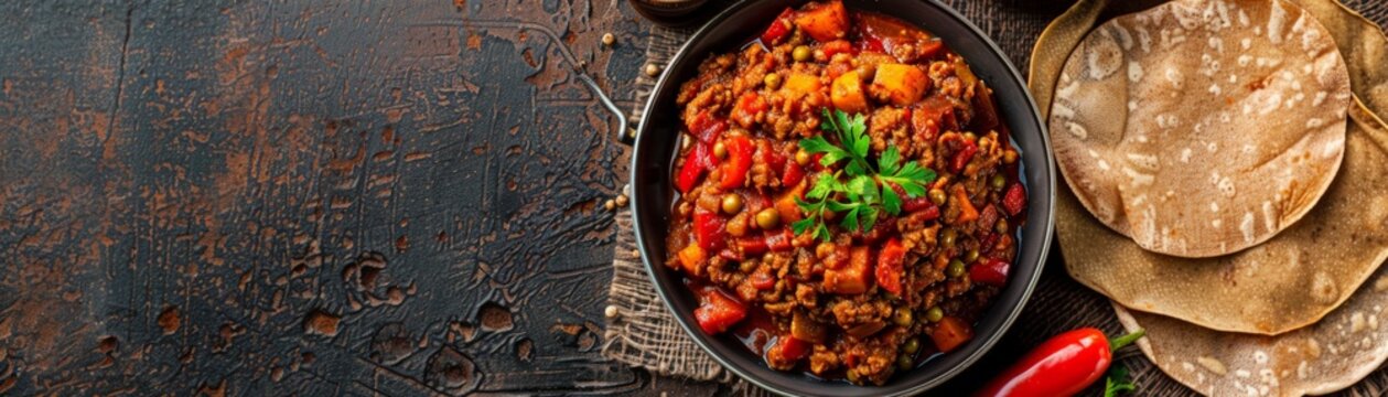Top view of Ethiopian kitfo with injera, using the rule of thirds, with ample copy space, spicy and rich, high-quality image