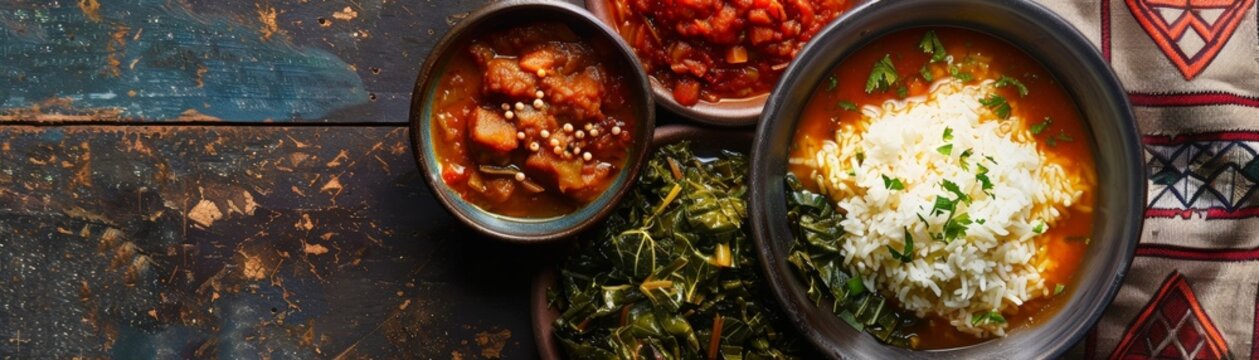 Top view of Ethiopian kitfo with collard greens, using the rule of thirds, with ample copy space, spicy and rich, high-quality image