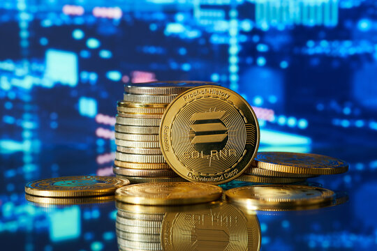 Solana golden cryptocurrency and chart background