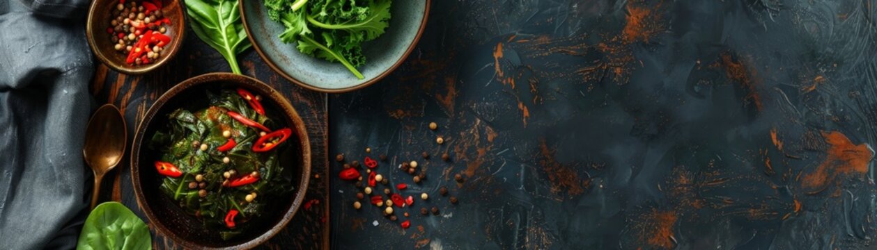 Top view of Ethiopian kitfo with collard greens, using the rule of thirds, with ample copy space, spicy and rich, high-quality image