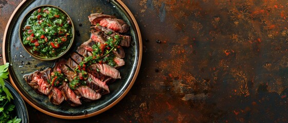 Top view of Argentinian entrana with chimichurri, using the rule of thirds, with ample copy space, tender and flavorful, high-quality image