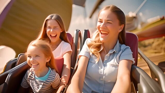 Woman and Child Riding Roller Coaster at Amusement Park Generative AI