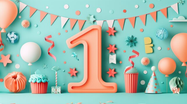 The number 1 is encased by festive balloons, cupcakes, and confetti