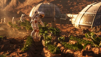 Sustainable Space Farming: Astronaut Cultivating Plants on Mars