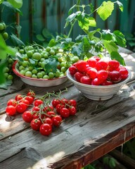Natural foods like cherry tomatoes and peas on wooden table