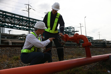 Two senior safety engineers inspecting the fire protection sprinkler  and valve piping system  of...