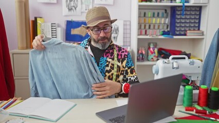 A stylish man examines fabric during a video call in a colorful tailoring workshop