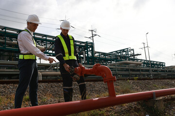Two senior safety engineers inspecting the fire protection sprinkler  and valve piping system  of...