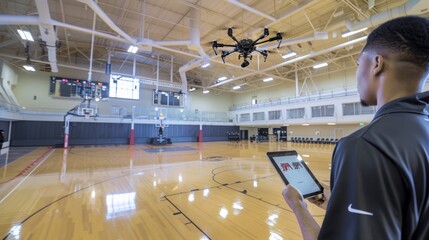 Innovative Basketball Training with Drone Technology in a Modern Gymnasium