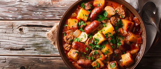 Top view of Argentinian locro with sausage, using the rule of thirds, with ample copy space, rich and hearty, high-quality image