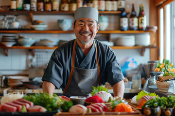 Fototapeta premium Friendly cheerful chef in a traditional japanese restaurants kitchen with fish food and sushi. Portrait. Job and profession.