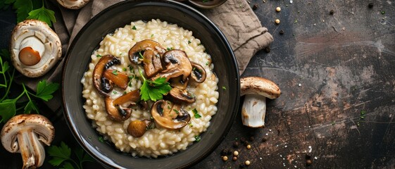 Top view of a creamy Italian risotto with mushrooms, using the rule of thirds, with ample copy space