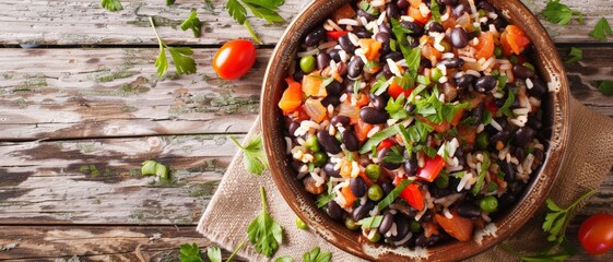 Top view of Cuban black beans with rice, using the rule of thirds, with ample copy space