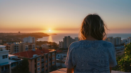 Fototapeta premium Woman watching sunset over cityscape
