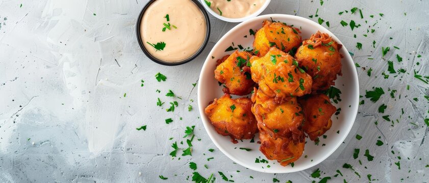Top view of Caribbean conch fritters with dipping sauce, using the rule of thirds, with ample copy space
