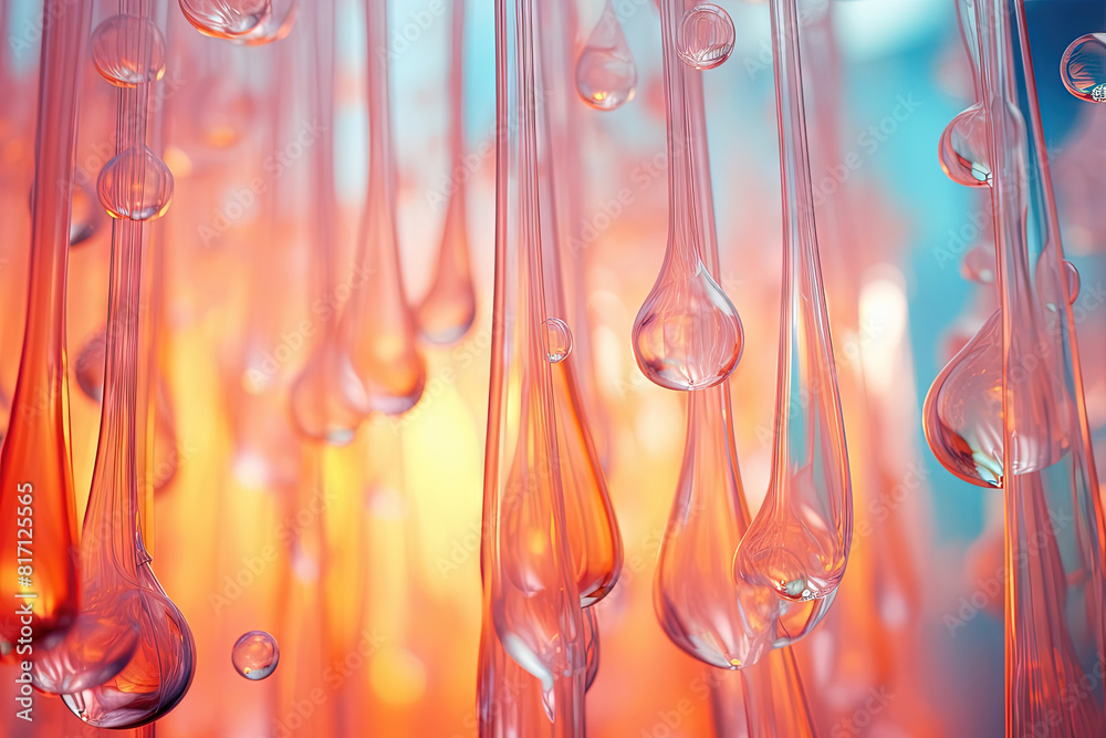 Poster Pink holographic bubbles floating on the soft colorful abstract background in beautiful vivid tones.