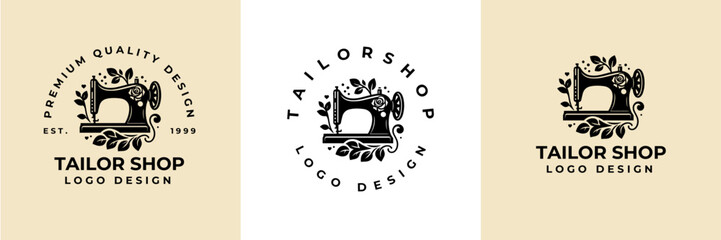 Sewing Machine and flower logo design illustration.Sewing logo atelier, Vintage Tailor's logo, Handmade workshop studio logo, Craft hobby logo. Fashion and clothing logo